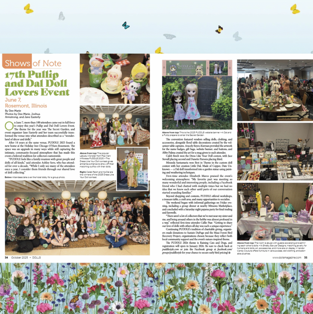two pages from Dolls magazine October 2025 featuring coverage of PUDDLE 2025